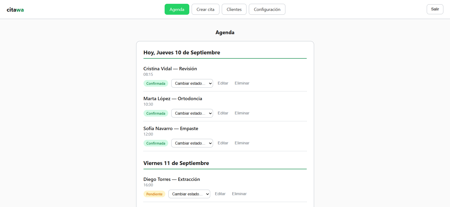 Panel de Citawa mostrando la agenda de citas del día, con clientes y estados de confirmación